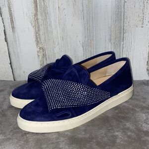 0313 Vince Camuto Navy Blue Suede Slip-On Sneakers with Rhinestone Bow